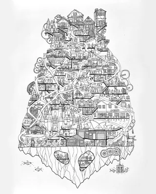 Intricate black and white floating island sketch by Ellie Compton