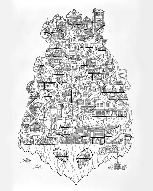Intricate black and white floating island sketch by Ellie Compton