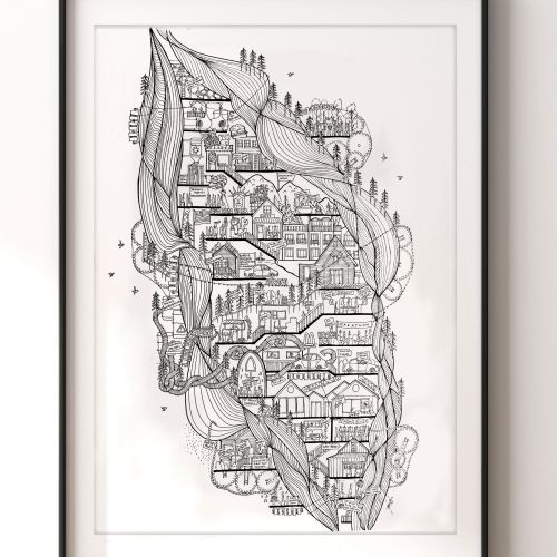 Intricate architectural line drawing by Ellie Compton in black and white