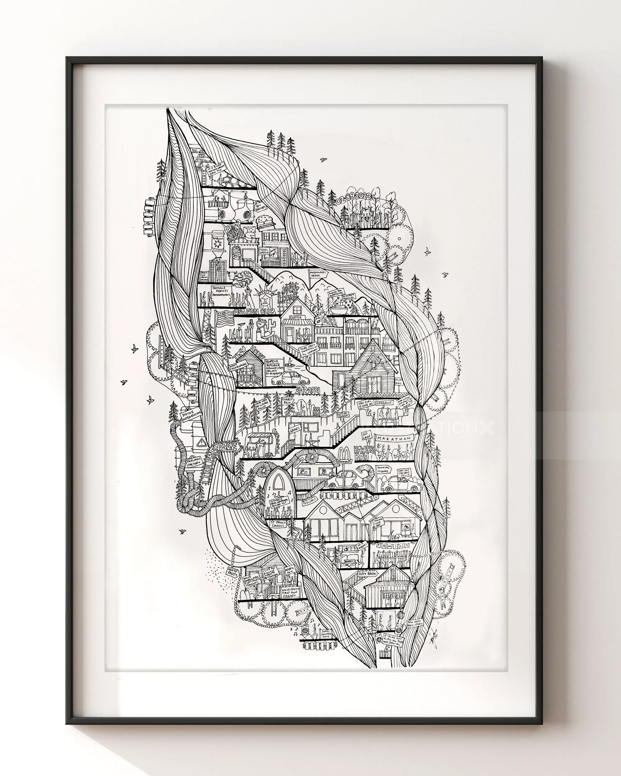 Intricate architectural line drawing by Ellie Compton in black and white