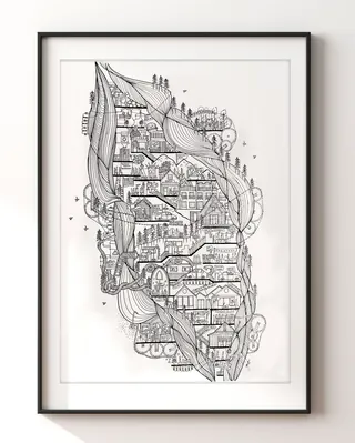 Intricate architectural line drawing by Ellie Compton in black and white