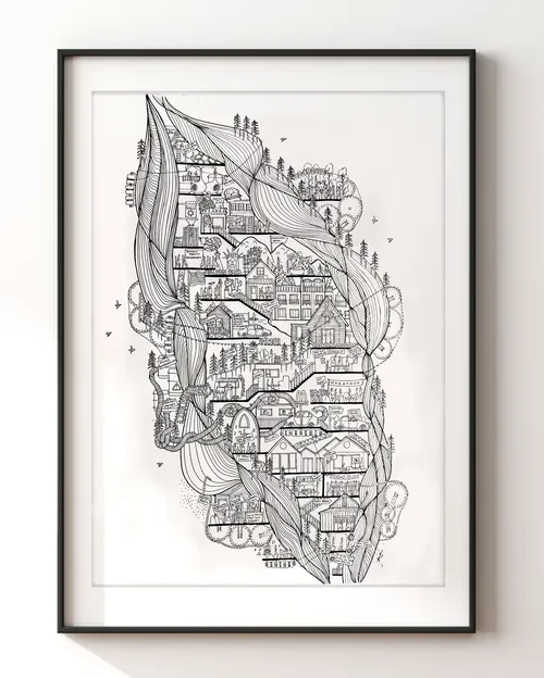 Intricate architectural line drawing by Ellie Compton in black and white