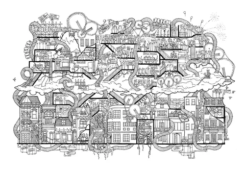 Black and white detailed cityscape drawing by Ellie Compton