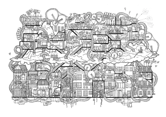 Black and white detailed cityscape drawing by Ellie Compton