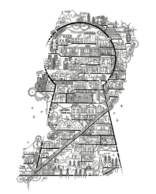 Intricate keyhole-shaped map illustration with buildings and landscapes by Ellie Compton