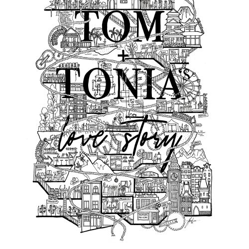 Black and white love story illustration by Ellie Compton with buildings and text