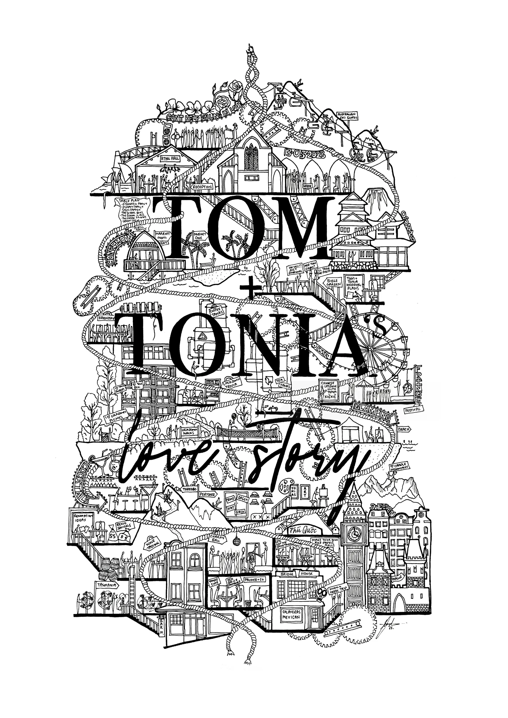 Black and white love story illustration by Ellie Compton with buildings and text