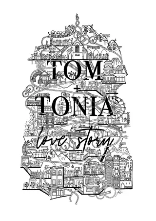 Black and white love story illustration by Ellie Compton with buildings and text