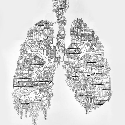 Intricate lungs illustration filled with buildings by Ellie Compton