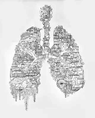 Intricate lungs illustration filled with buildings by Ellie Compton