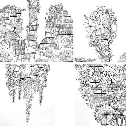 Black and white intricate landscape drawing with buildings and plants by Ellie Compton