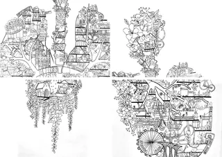 Black and white intricate landscape drawing with buildings and plants by Ellie Compton
