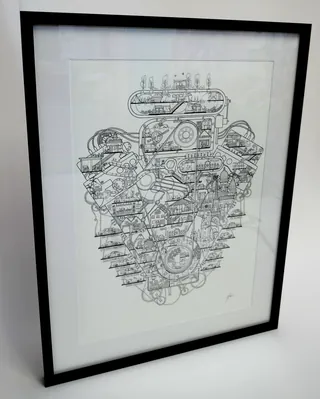 Intricate mechanical engine illustration by Ellie Compton in black and white