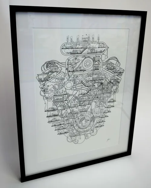 Intricate mechanical engine illustration by Ellie Compton in black and white