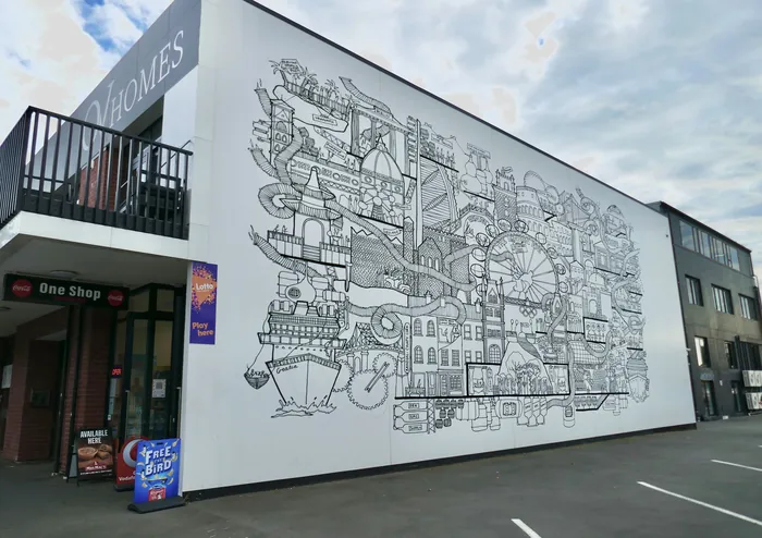 Black and white mural with abstract mechanical designs by Ellie Compton