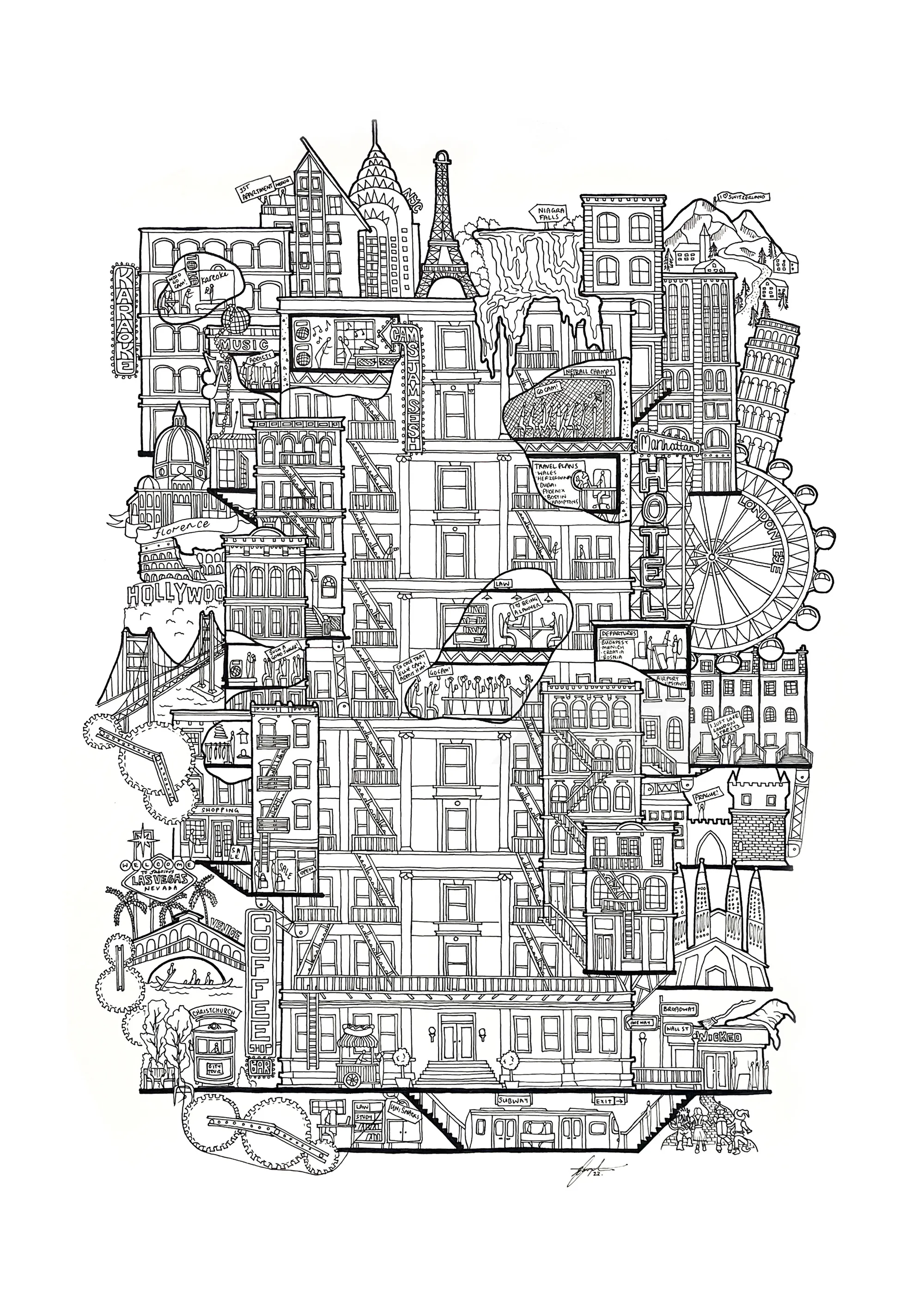 Ellie Compton 绘制的复杂黑白城市景观图