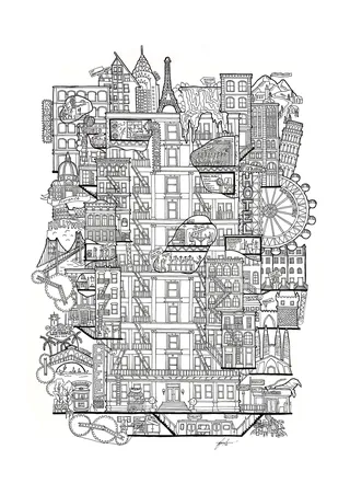 Intricate black and white cityscape drawing by Ellie Compton
