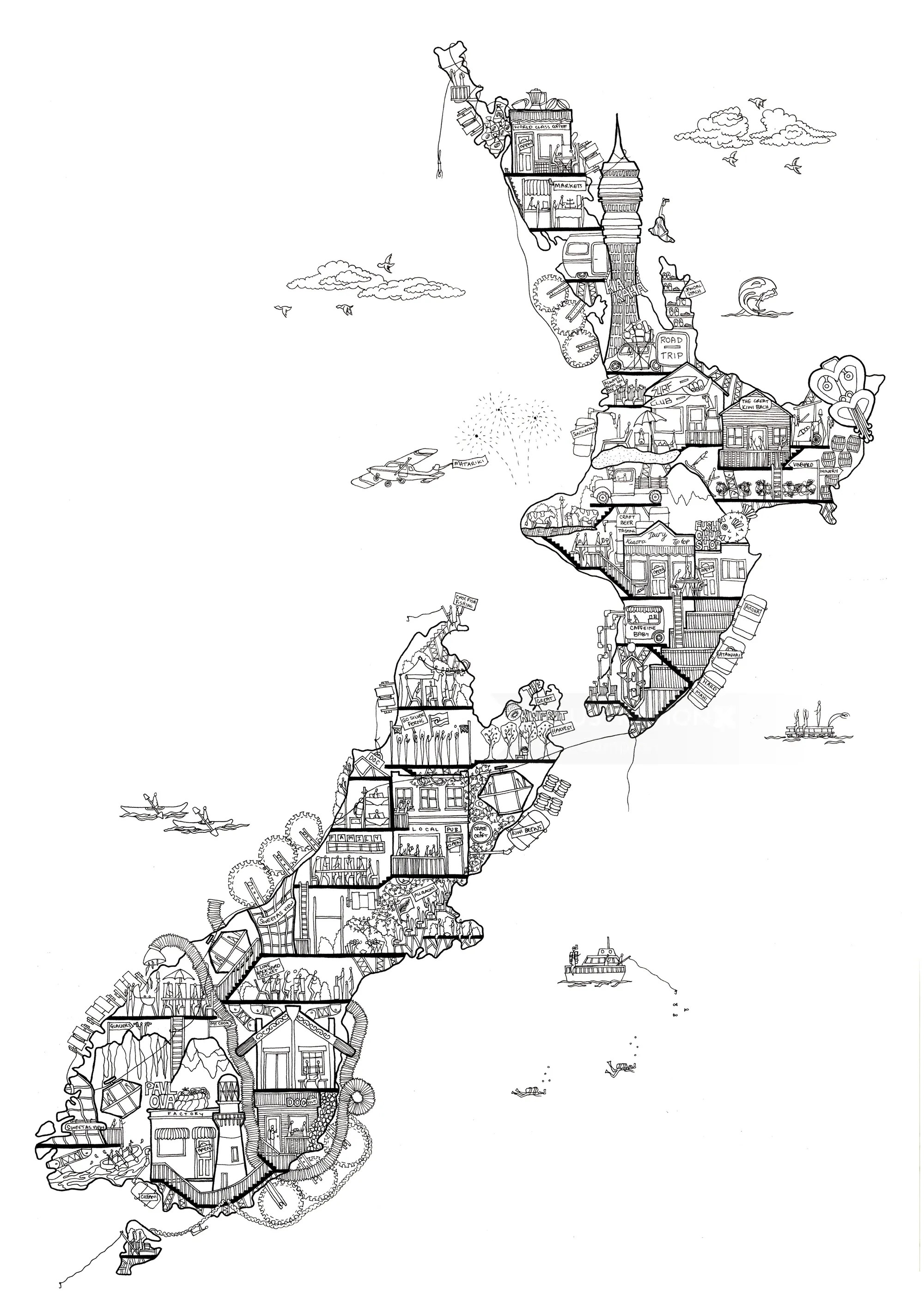 Detailed sketch map of New Zealand by Ellie Compton