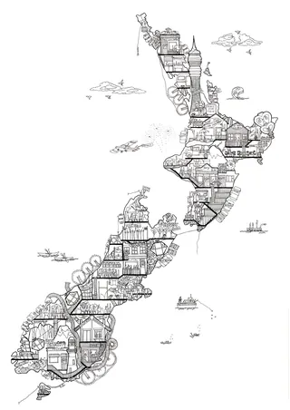 Detailed sketch map of New Zealand by Ellie Compton