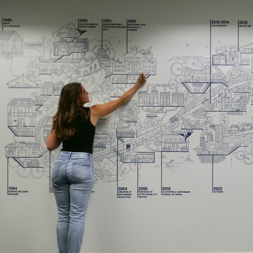 Woman pointing at detailed map on wall by Ellie Compton