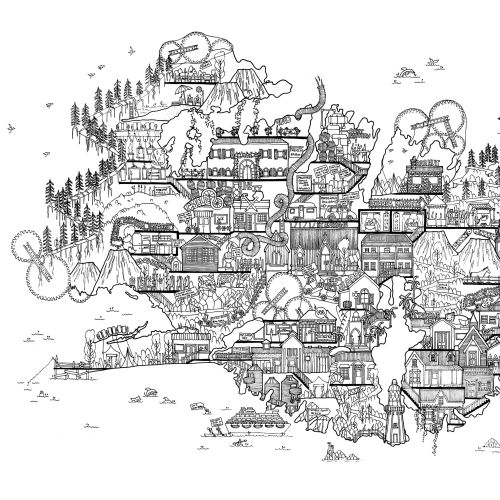 Detailed black and white cityscape drawing by Ellie Compton