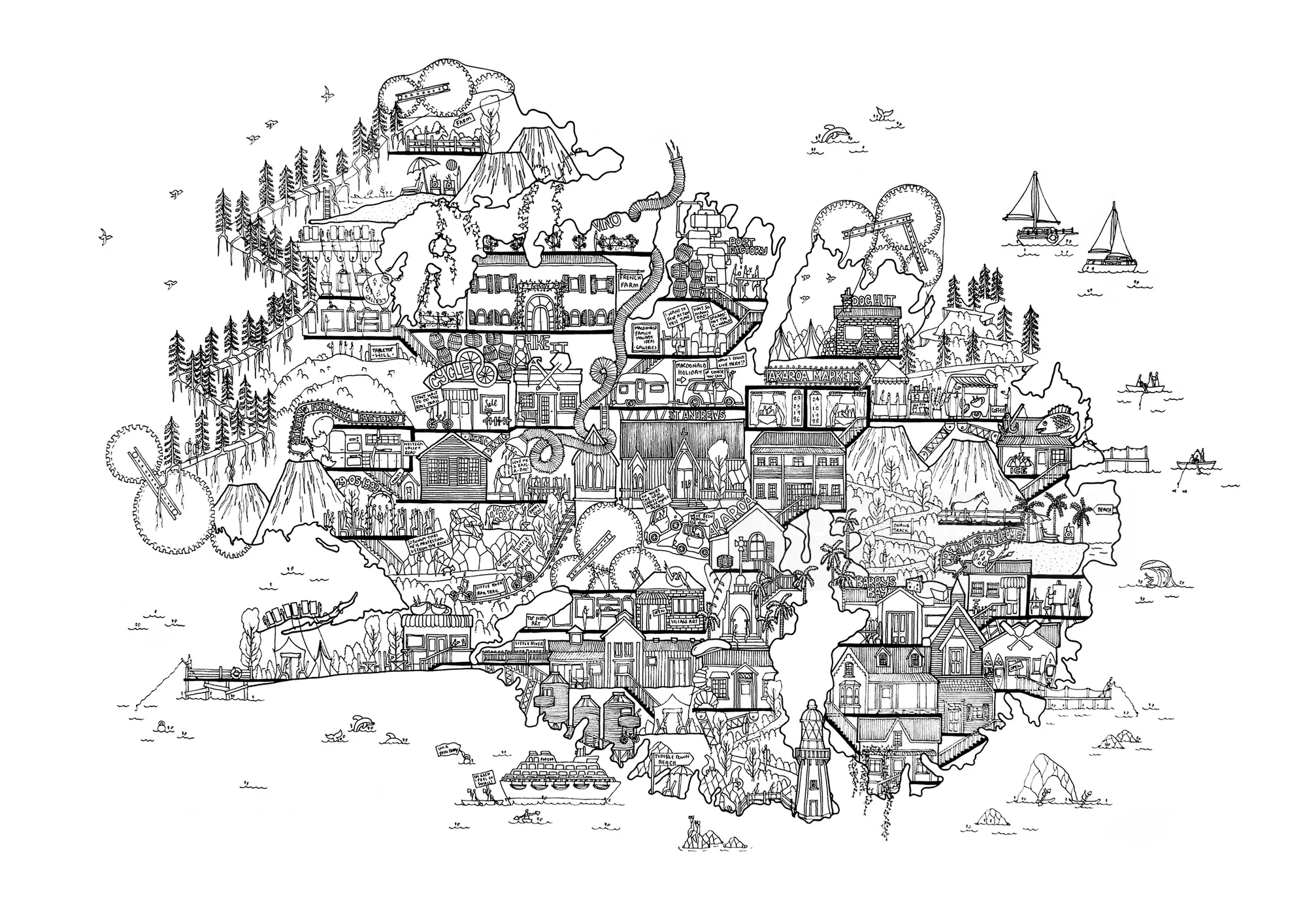 Detailed black and white cityscape drawing by Ellie Compton