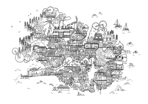 Detailed black and white cityscape drawing by Ellie Compton