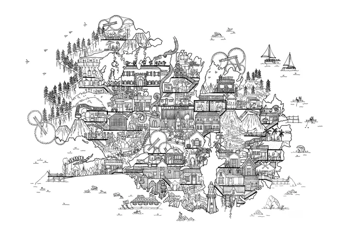 Detailed black and white cityscape drawing by Ellie Compton