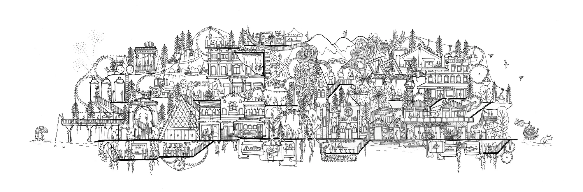 Detailed black and white cityscape drawing by Ellie Compton