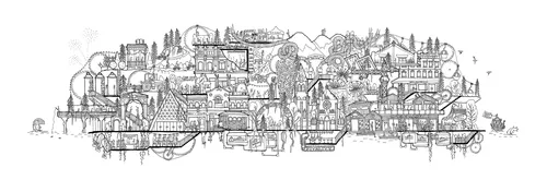 Detailed black and white cityscape drawing by Ellie Compton