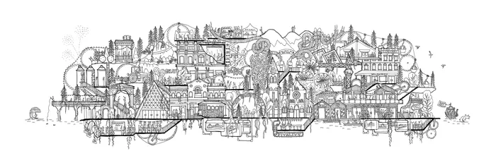 Detailed black and white cityscape drawing by Ellie Compton