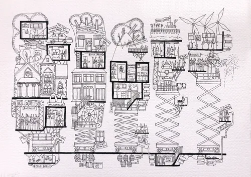 Detailed architectural section drawing by Ellie Compton showing interior and structural elements
