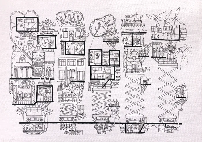 Detailed architectural section drawing by Ellie Compton showing interior and structural elements