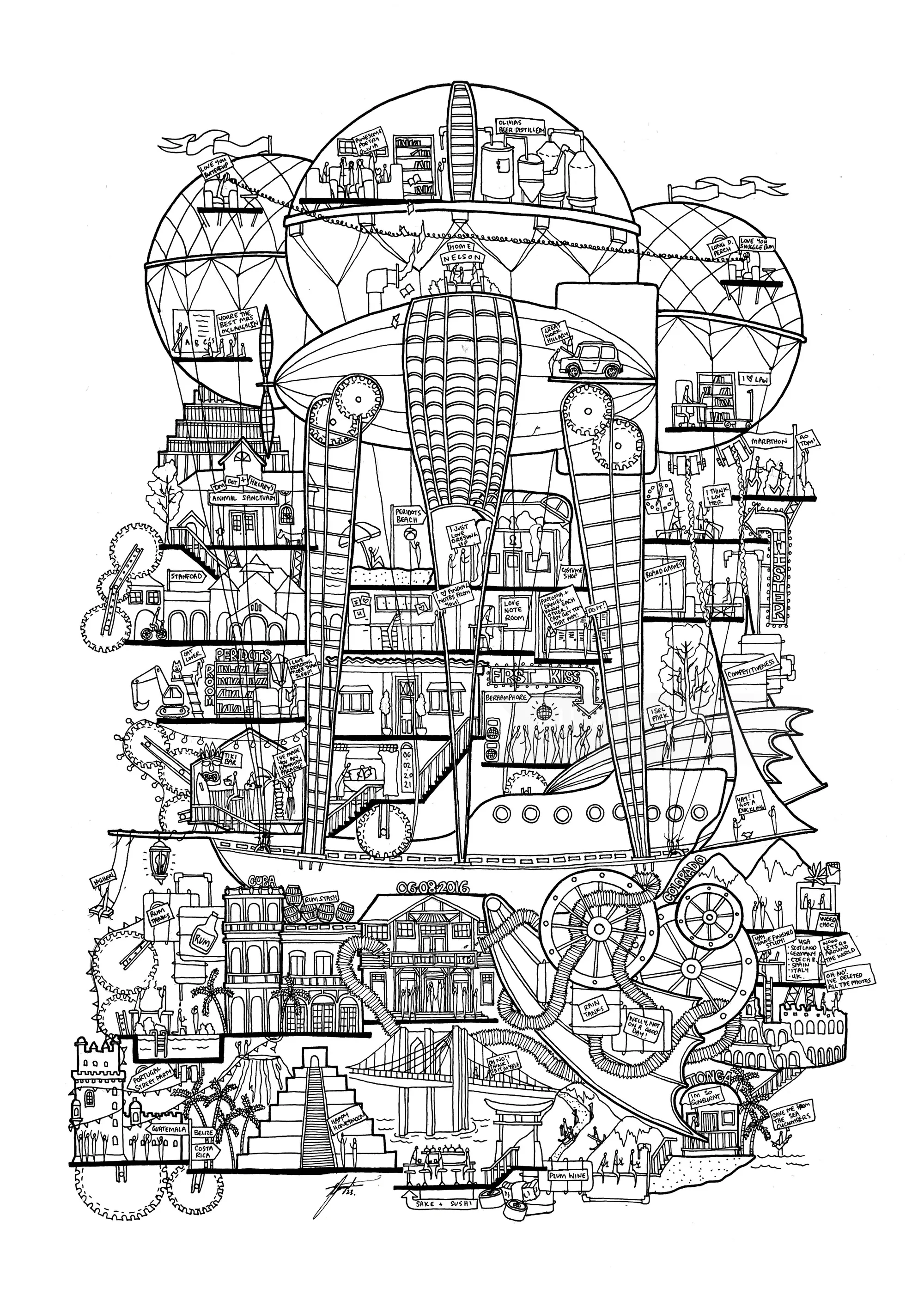 Intricate steampunk airship illustration with mechanical and architectural details by Ellie Compton