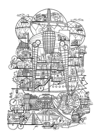 Intricate steampunk airship illustration with mechanical and architectural details by Ellie Compton