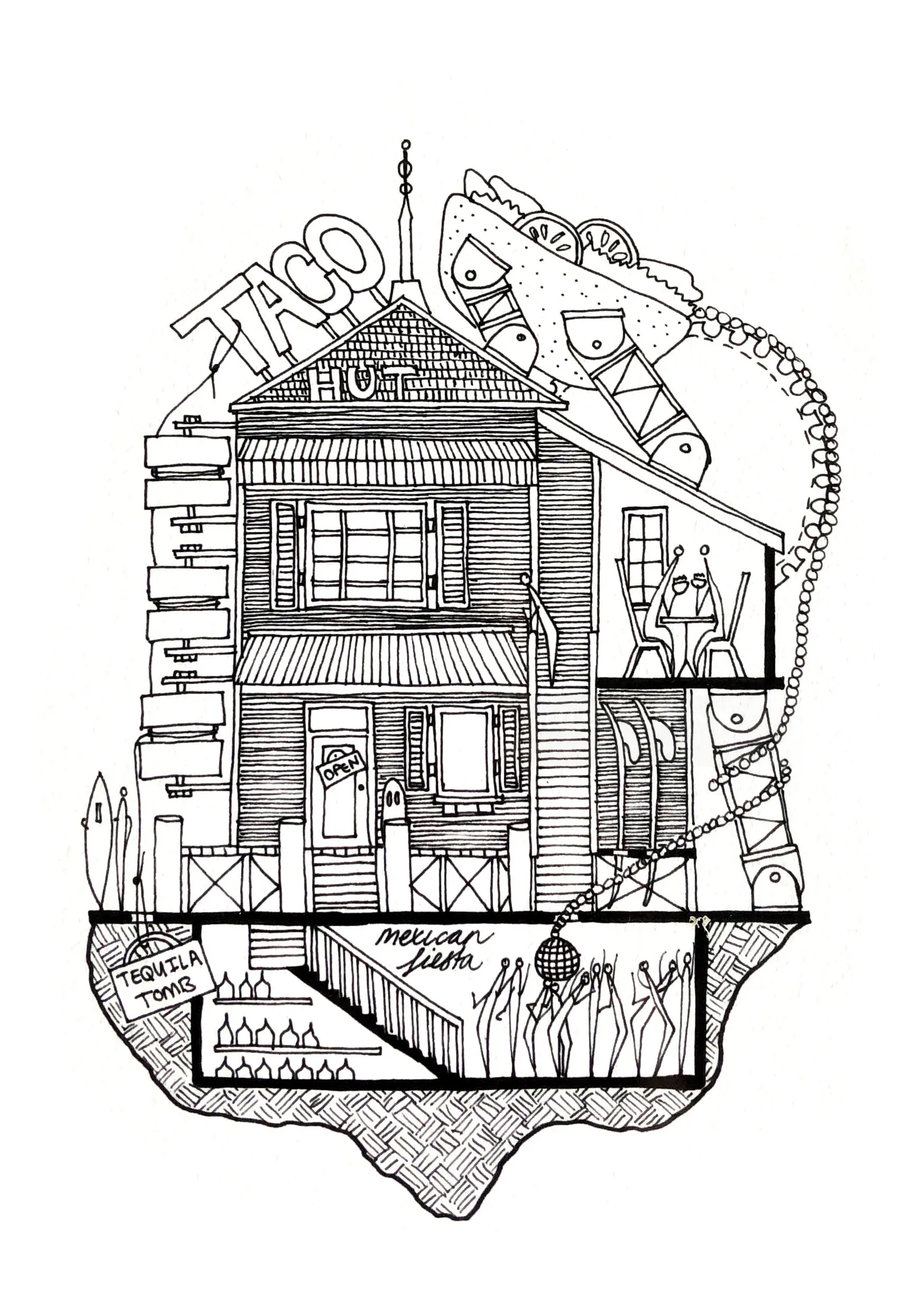 复杂的 Taco Hut 建筑横截面草图（作者：Ellie Compton）