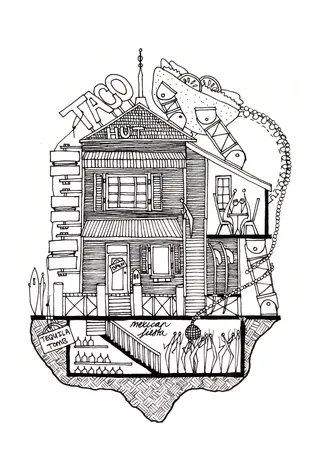 Intricate Taco Hut building cross-section sketch by Ellie Compton