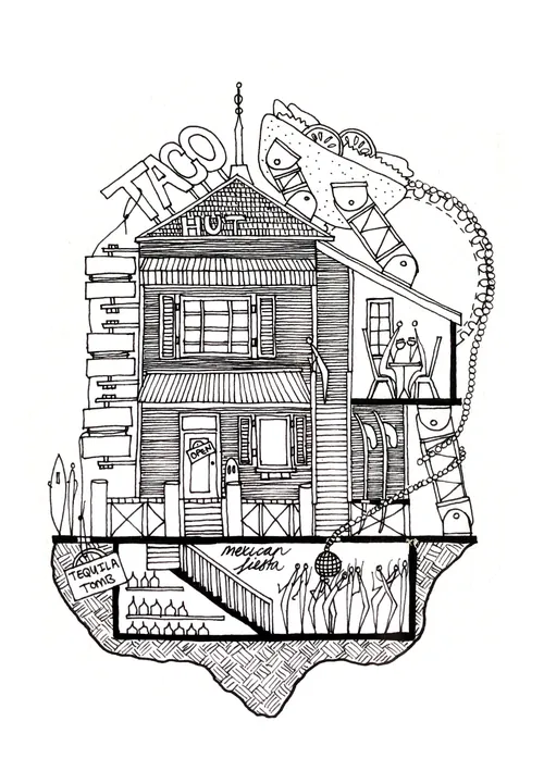 Intricate Taco Hut building cross-section sketch by Ellie Compton