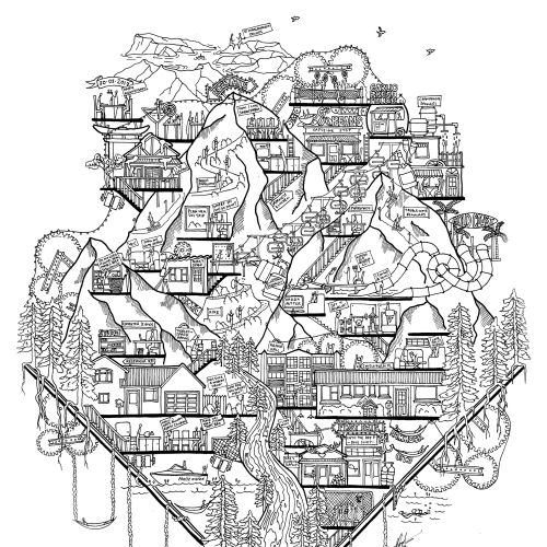 Intricate mountain village drawing with houses and trees by Ellie Compton