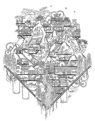 Intricate mountain village drawing with houses and trees by Ellie Compton