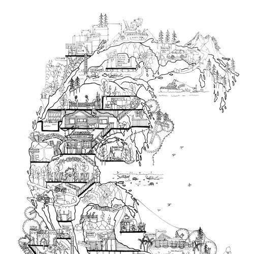 Detailed underground network map in black and white by Ellie Compton