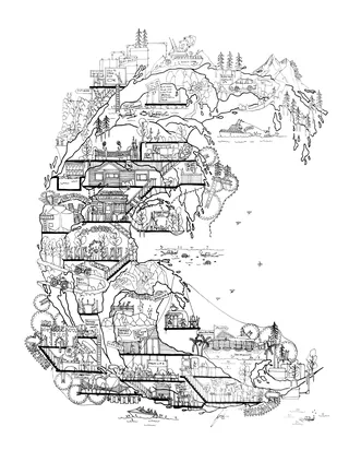 Detailed underground network map in black and white by Ellie Compton