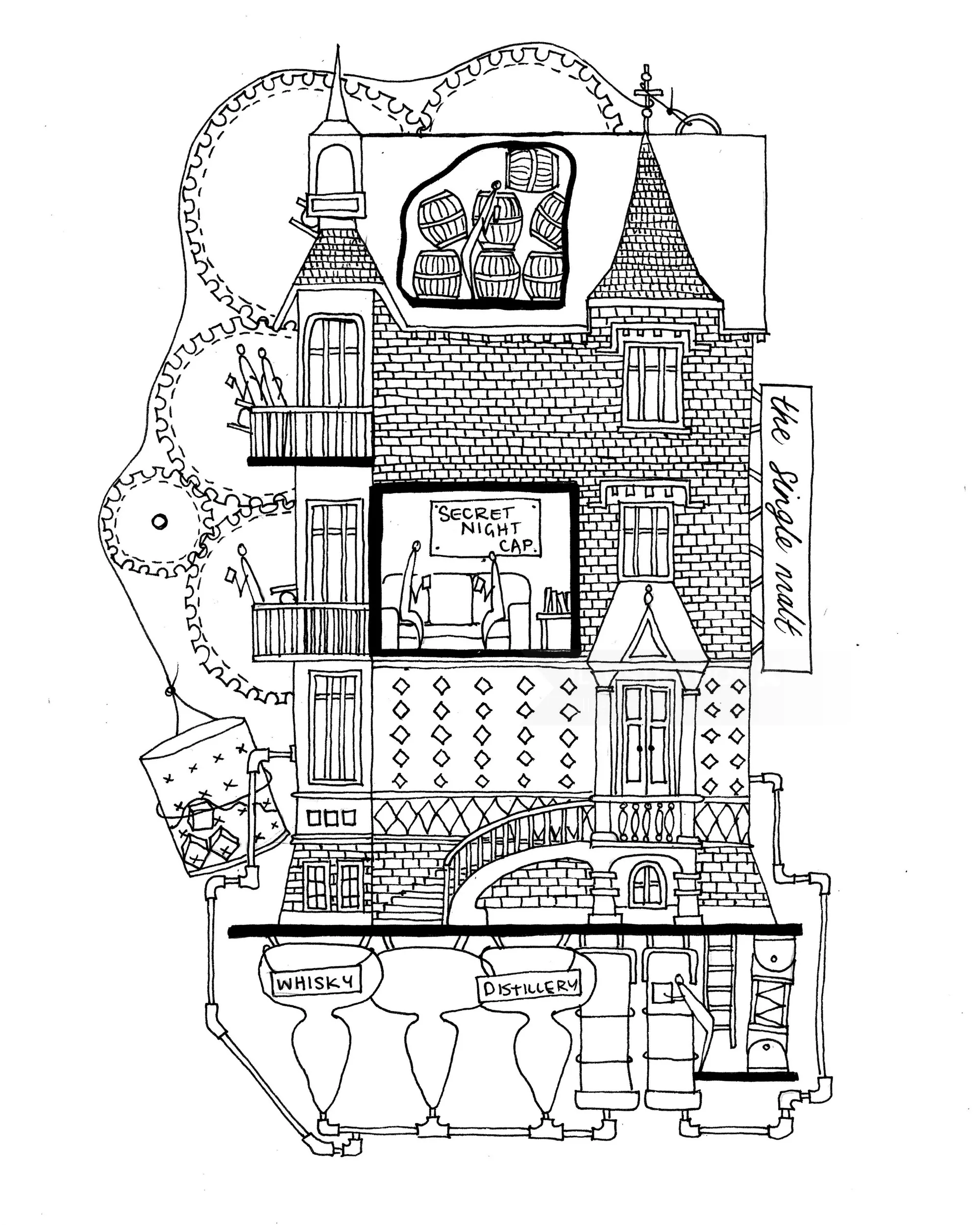 黑白房屋插图，带有详细的建筑特征，作者：Ellie Compton