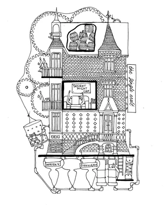 Black and white house illustration with detailed architectural features by Ellie Compton