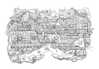 Intricate black and white cityscape drawing by Ellie Compton