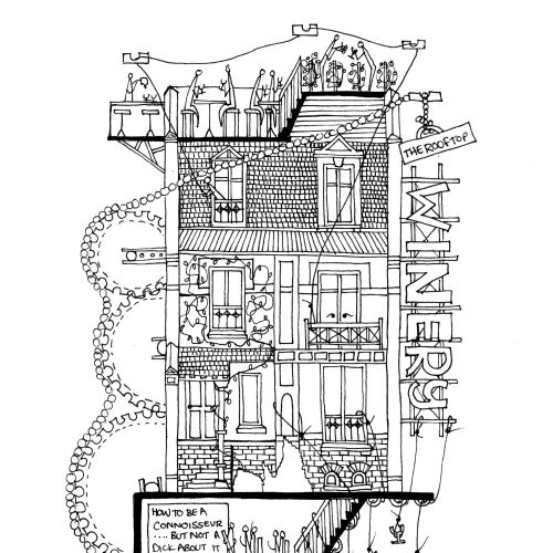 Intricate multi-level treehouse drawing with people by Ellie Compton