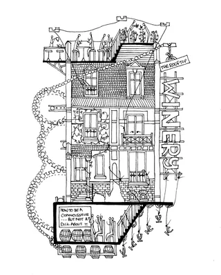Intricate multi-level treehouse drawing with people by Ellie Compton
