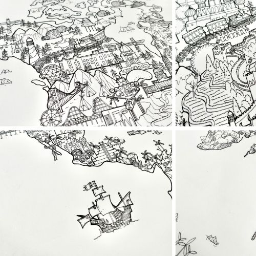 Intricate black and white fantasy maps with castles and ships by Ellie Compton
