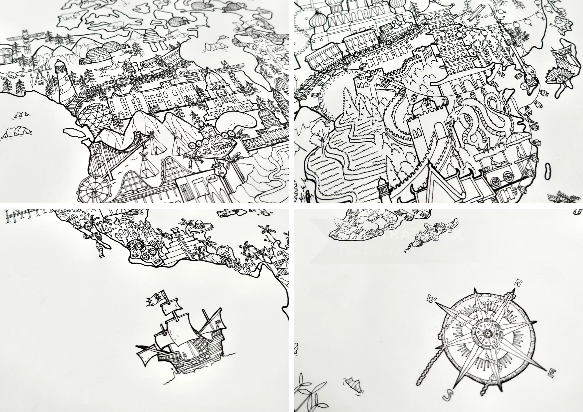 Intricate black and white fantasy maps with castles and ships by Ellie Compton