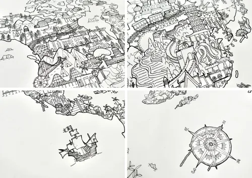 Intricate black and white fantasy maps with castles and ships by Ellie Compton